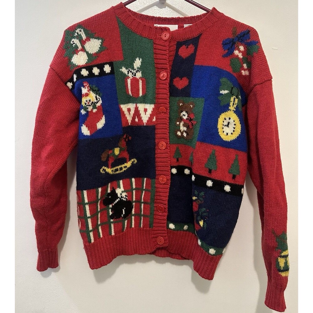 Vintage Wool Christmas Sweater L Petite Projections Patchwork Holiday Knit